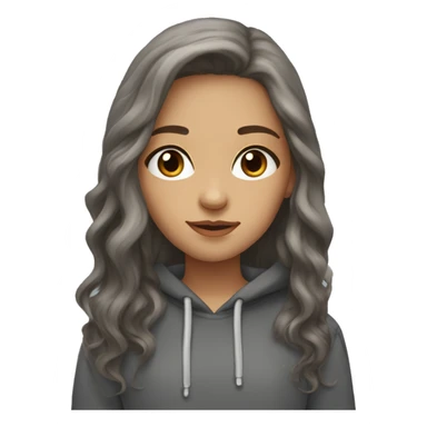 grey eyes, brown wavy long hair, light skin, feminine, dark shirt, grey hoodie, girl sticker