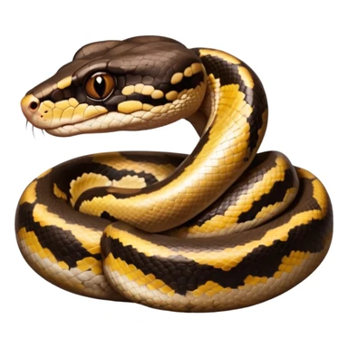 A photo-realistic digital illustration of a Ball Python, large headshot portrait. The snake has a short, rounded snout and smooth, soft contours, with a gentle, inquisitive expression that gives it a slightly playful charm. Its head is warm brown with bold, irregular dark markings. sticker