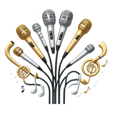 Create a harmonious and elegant emoji that represents choral singing. The design should feature multiple microphones arranged in a semi-circle, symbolizing a choir. Add musical notes flowing around to represent the harmony and unity of the voices. Include subtle elements like sheet music or a conductor's baton to reflect the organized aspect of choral performance. Use colors like gold, silver, and soft blue to evoke a sense of togetherness, professionalism, and grace. The background should be transparent. sticker
