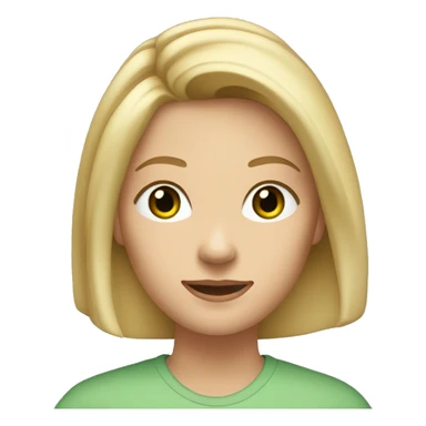 A woman with shoulder-length, blonde hair, green eyes, and fair skin. She is wearing a light-colored shirt and has a neutral to slightly smiling expression. She wears two earrings at the top of her right ear and one earring in each ear. sticker