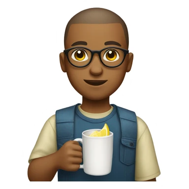 a boy with a buzzcut and round glasses holding a mug full of lemonade sticker