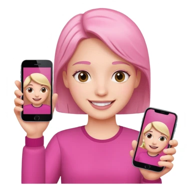 pink video call between one person holding the phone with a person on the phone screen sticker