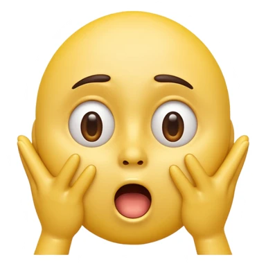 A 3D glossy yellow emoji of a shocked horrified face with no nose, with mouth and eyes are wide open, eyebrows  raised, and hands against their cheeks, black background, high quality, soft studio lighting sticker