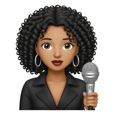 brown skin woman, curly black hair, singer, hold micro sticker