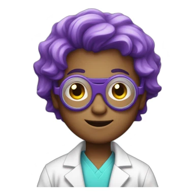A young boy with a lab coat and blue undershirt with purple hair and goggles in the style of the mad scientist sticker