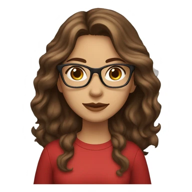 female coder with apple laptop in front of her, long wavy brown hair, brown eyes, type of glasses cat eyes, light skin, dark-brown wavy hair, red clothes sticker