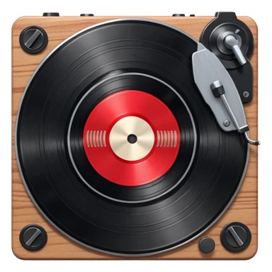 3D render of Vinyl Record, vintage 1980s audio equipment aesthetic, tactile analog buttons, shiny black grooved disc with a red center label, mixed wood grain and brushed aluminum textures, Apple emoji style, isolated on white background --v 6.0 sticker