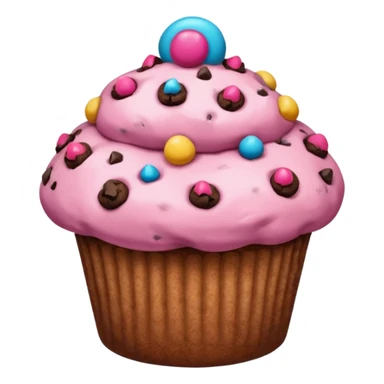 A pink muffin with chocolate chips and chocolate chip cookie topping sticker