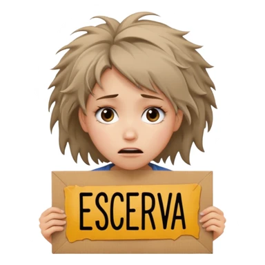 Sad realistic emoji of a young woman with messy hair, holding a cardboard sign that says "ESCREVA-SE", emotional begging expression, cinematic lighting, shallow depth of field, soft blurred background, high detail, viral social media style sticker