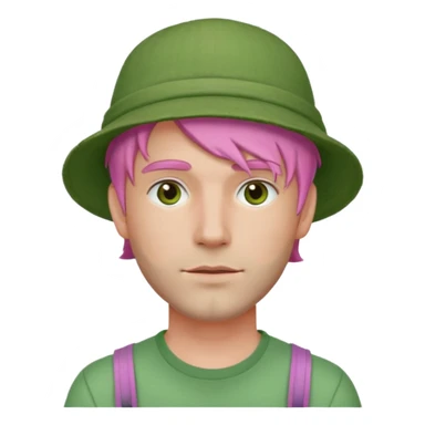 pink haired man with full full face green clay mask and a hat sticker