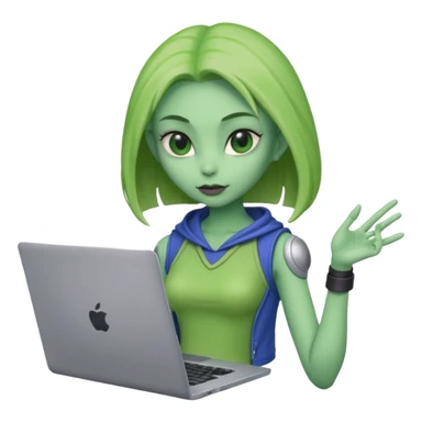 lady alien with only gaming laptop. negative : headphones. sticker