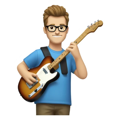A nerdy white guy with glasses with short brown hair with a small quiff playing a blue classic telescaster sticker