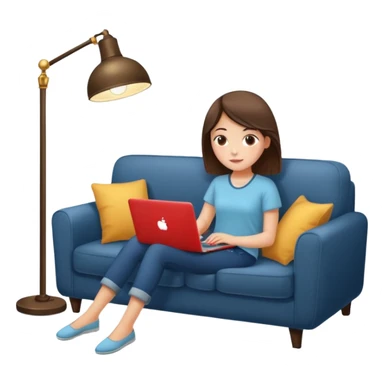 A girl is working with a laptop while lying on a sofa, with a floor lamp to the right. sticker