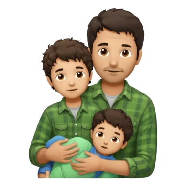 A father with messy medium-length dark hair and light stubble, wearing a green flannel shirt. He holds his one child who has short curly brown hair and a cream-colored romper. Cozy warm lighting, authentic family moment. sticker