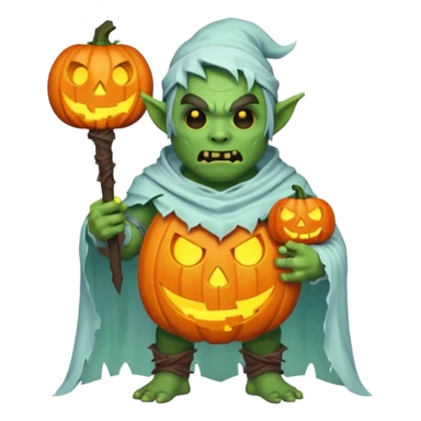 male orc warrior ghost emoji, green skin, wearing torn white ghost sheet costume, holding glowing jack-o'-lantern, faint blue aura, friendly but spooky expression, Halloween fantasy theme, Apple emoji style, clean white background, square sticker