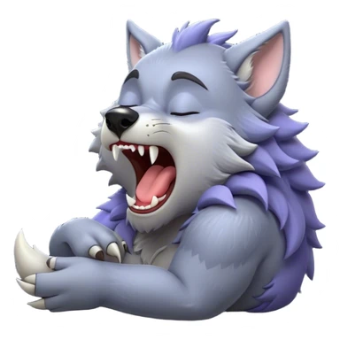 Cinematic Cute Yawning Werewolf Portrait Emoji, with a cuddly, miniature lupine form in soft moonlit grays and silvers, head leaning back in a big, adorable yawn that reveals a few fuzzy teeth, simplified yet irresistibly charming, highly detailed with a soft glowing outline that captures the drowsy, playful essence of a werewolf mid-nap! sticker
