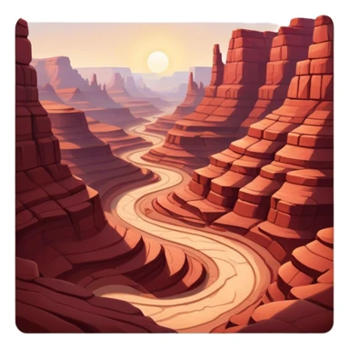 Cinematic Realistic Canyon Emoji, Vast and rugged, with deep red rock formations and winding paths leading down to a dry, dusty floor. Sunlight casts long shadows across the craggy surfaces, highlighting the layers of ancient rock. Soft glowing outline, capturing the essence of dramatic beauty and ancient history in a mighty canyon. sticker
