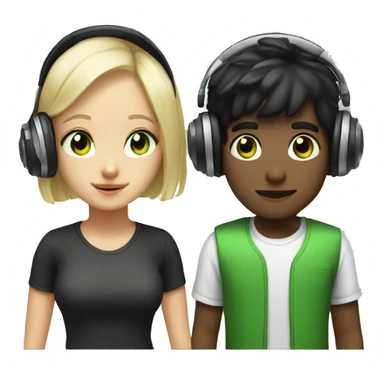 black hair boy and blonde girl green eyes with headphones sticker