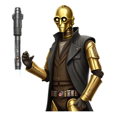 tarnished undercover tough well-equipped Jedi  life-sized darkblue-pearl C3po leather vest clothing pants and vest old west duster coat holding light saber sheriff sticker