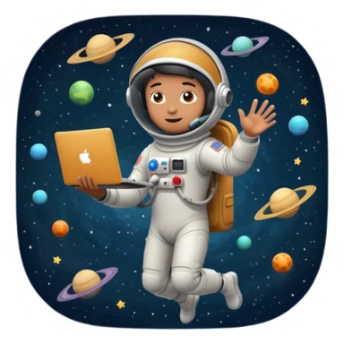 Uomo spaziale che fluttua nell'universo con un computer in mano sticker