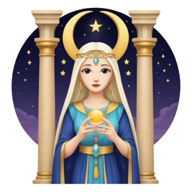 The High Priestess tarot card emoji inspired by Rider Waite Smith deck, serene woman between two pillars, crescent moon, concise and vibrant sticker