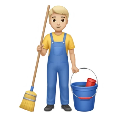 ligth man in cleaning clothes, holding a broom and a bucket sticker