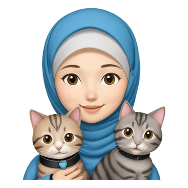 Asian White girl wearing hijab holding a black grey tabby cat while smiling.  The cat is wearing a blue collar sticker