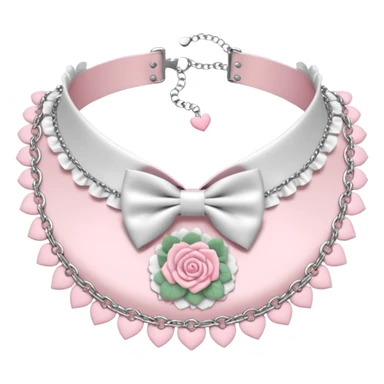 Pastel-baby-rose-pink Lolita-styled aesthetic cute kawaii choker-collar-necklace adorned with with white frills, roses, hearts, bow tie, silver chains, sakura flowers, apparel  sticker