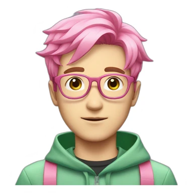 anime pink haired guy with green lenses glasses and pink antennas with sea-green uniform sticker