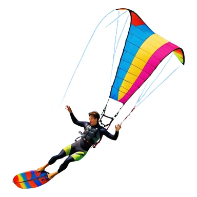 A vibrant kite soaring high in the sky, attached to a kiteboarder riding the waves below. The scene is filled with bright colors, capturing the energy of the sport. The background features the ocean, wind-blown waves, and a clear sky, showcasing the excitement and freedom of kiting. sticker
