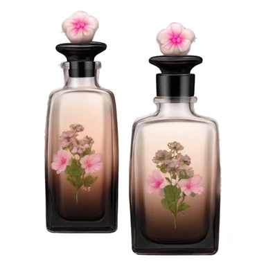 Two English vintage glass perfume bottles from my aristocratic grandmother, exquisite bottle shape, old and shabby, with label, stylish and minimalistic, black and brown with pink gradient, with little herbal and flowers  sticker