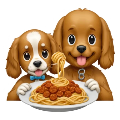 American Cocker Spaniel and Mongrel Eat Spaghetti Between Them, iphone emoji style, reference image: https://attic.sh/7pfc4fbn6y0ij1bao69rntq1w5mv sticker