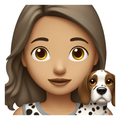 A brown with medium to long hair girl closes her eyes and holds a Dalmatian dog sticker