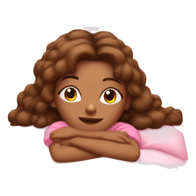 Girl with golden skin and brown hair in long loose ways wearing cute pink pajamas, laying her head on a pink pillow ￼ sticker