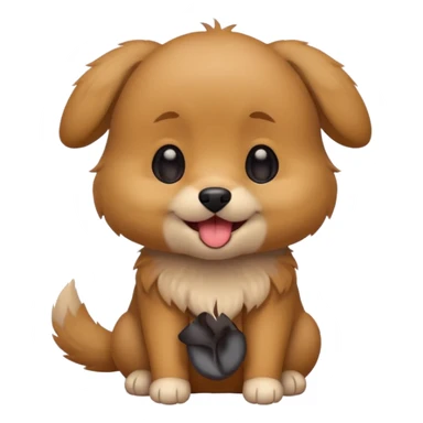 Cute small brown fluffy dog emoji icon. Round face, short muzzle, light brown fur with slightly darker ears, small black nose, happy smiling expression with tongue out. Soft friendly eyes, sitting pose with front paws together. Simple clean vector style, minimal details, kawaii style. sticker