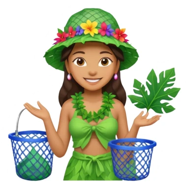 Hawaiian woman with leaf hat and big trash net and colorful cloth sticker