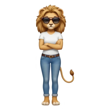 friendly anthropomorphised female lion character, full body, standing confidently with legs shoulder width apart and arms folded, wearing jeans, a white t-shirt, and dark sunglasses, with a confident smile sticker