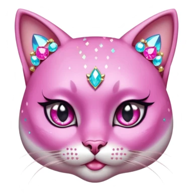 glamorous cat portrait, head and shoulders only, exaggerated pink makeup, bright eyeshadow, long eyelashes, shiny blush cheeks, sparkling face gems, glitter accents, elegant earrings, fantasy beauty style, cute 3D cartoon, mobile game icon style, clean background, no text, no watermark
 sticker