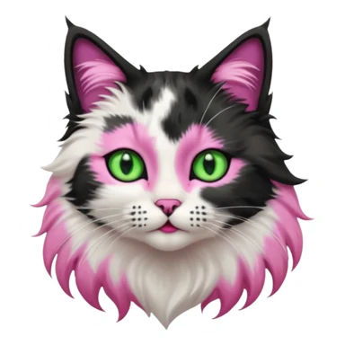 black and white long hair cat. green eyes. black nose and pink lips. black splotch in the shape of a star near nose (on the right side) sticker