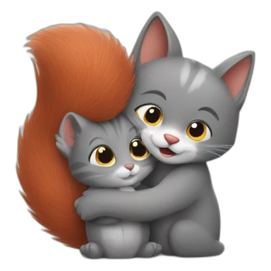 grey cat hugs a red squirrel sticker