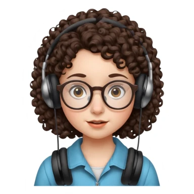 brunette kid with unique face features and very curly hair kid girl neutral and big glasess and big nose and dark eyes with freckles kind of nerd looking and headphone wearing sticker