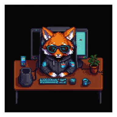 clever fox programmer-hacker wearing a hoodie and glasses, sitting at a computer, pixel art style, retro atmosphere, focus on the fox and computer, simple background sticker