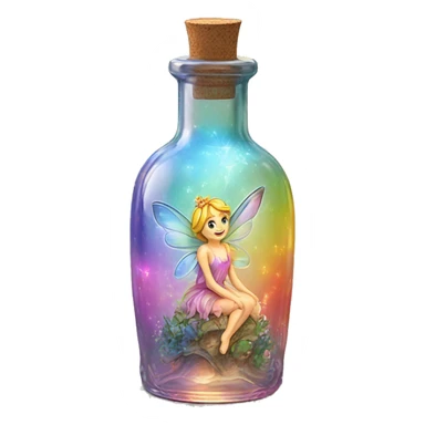 Antique oil bottle made of crystal glass of all gentle colors of the light rainbow, a living flower fairy sits at the bottom of the bottle sticker