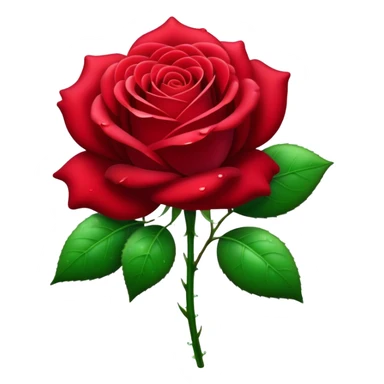 Cinematic Realistic Rose Emoji, Elegant and full of grace, with velvety, deep red petals unfurling in a perfect bloom, dew drops glistening on the soft edges, and a faint fragrance hanging in the air. The lush green leaves surround the stem, creating a vibrant contrast to the rich color of the petals. Soft glowing outline, capturing the essence of timeless beauty and romance in a single bloom. sticker