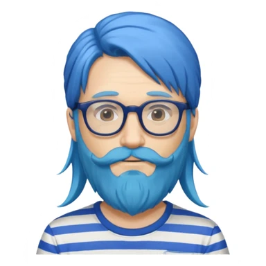 man with long blue hair, glasses, and a long beard and wearing a striped t-shirt sticker