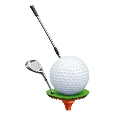 A close-up golf ball on a tee, with a golf club placed beside it, set on a well-manicured green. The background is a peaceful golf course with a clear blue sky, emphasizing the tranquility and skill required for the sport. sticker