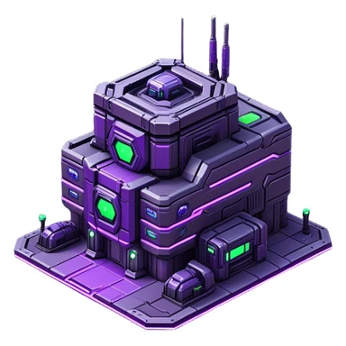 StarCraft-inspired, isometric RTS building with a rugged Terran look: thick metal plating, cyberpunk, neon, purple, rivets, subtle wear, and a gunmetal palette plus one accent color. Add minimal glowing panels for a high-tech feel. Keep it compact—like a forward outpost—and show it from a clean isometric angle, emphasizing an industrial sci-fi style and clear silhouette. sticker