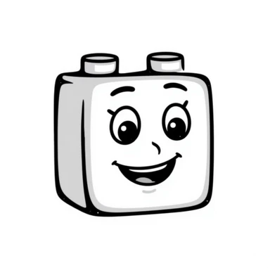 A hand-drawn red Lego-style brick with a silly cute expression sticker