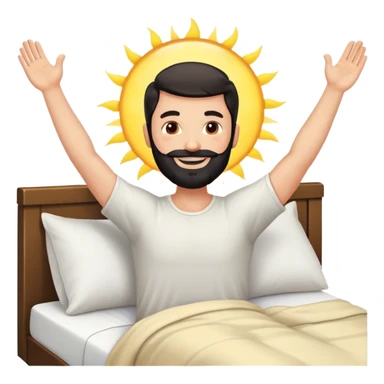 black beard happy man waking up out of bed stretching arms with sunshine in the back sticker