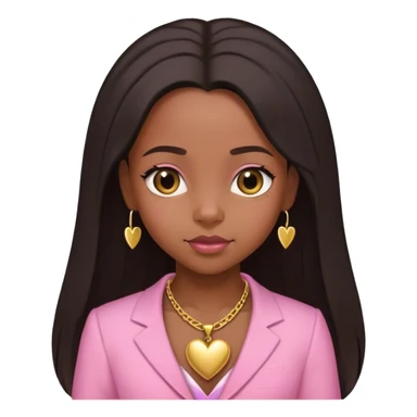 Black girl with STRAIGHT LONG HAIR DOWNhair down with baby edges and formal clothes that are pink for her interview and a SMALL gold heart necklace  sticker